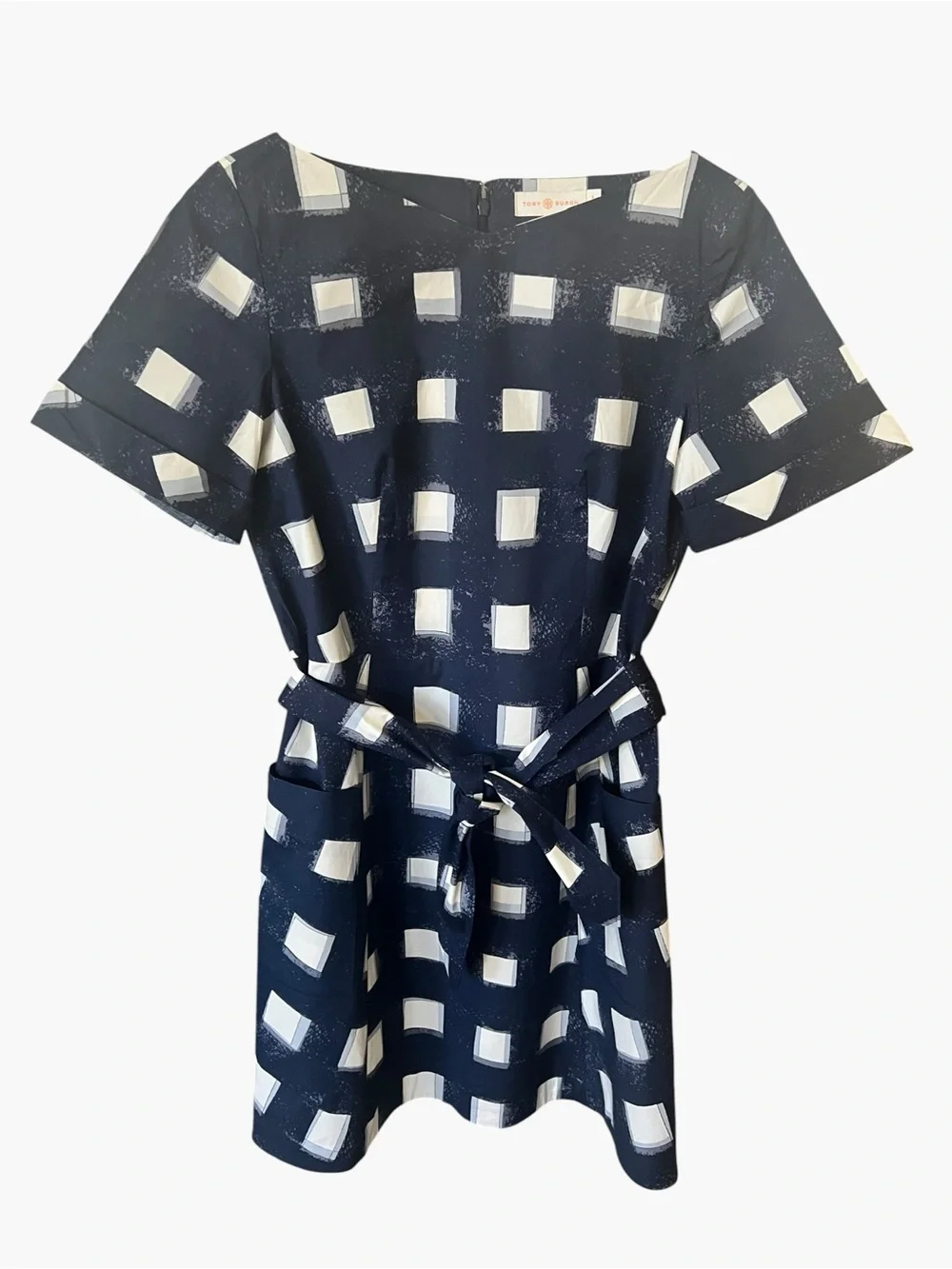 Tory Burch Navy Square Print Tie-Waist Dress